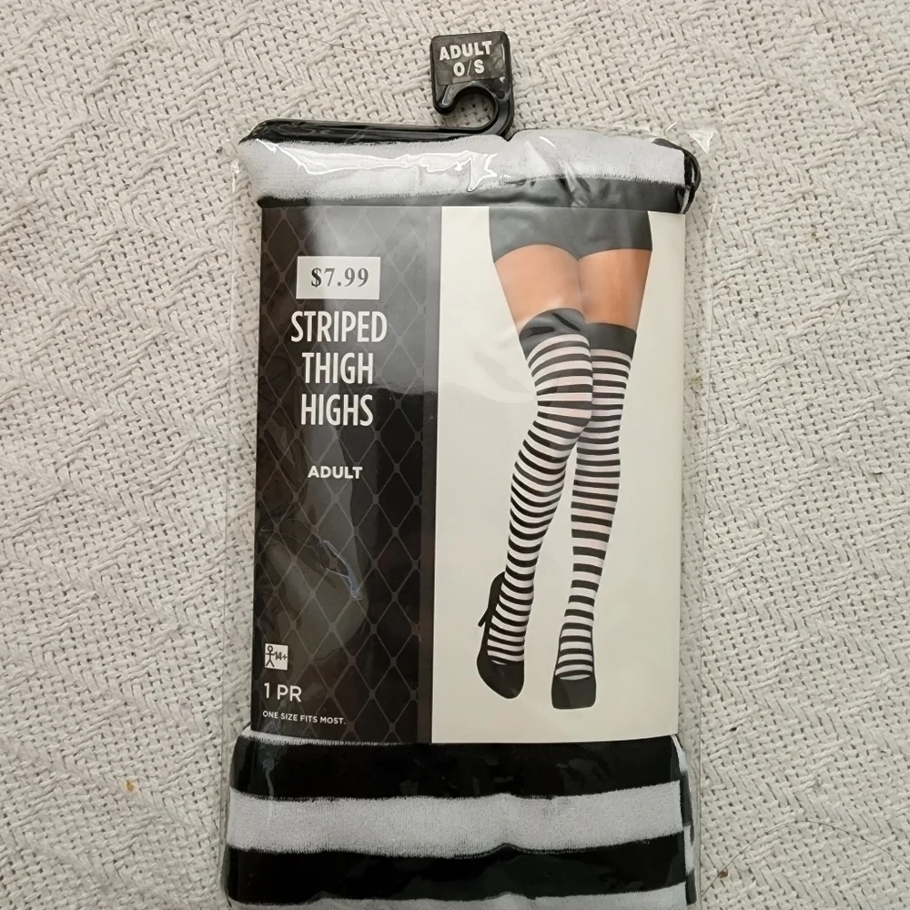 NWT Black White Striped Thigh High Stockings Halloween Costume Witch Socks New